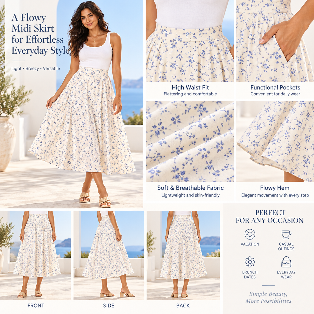 𝑨𝒓𝒗𝒆𝒍𝒎𝒐𝒏𝒕™ Blue Floral A-Line Midi Skirt
