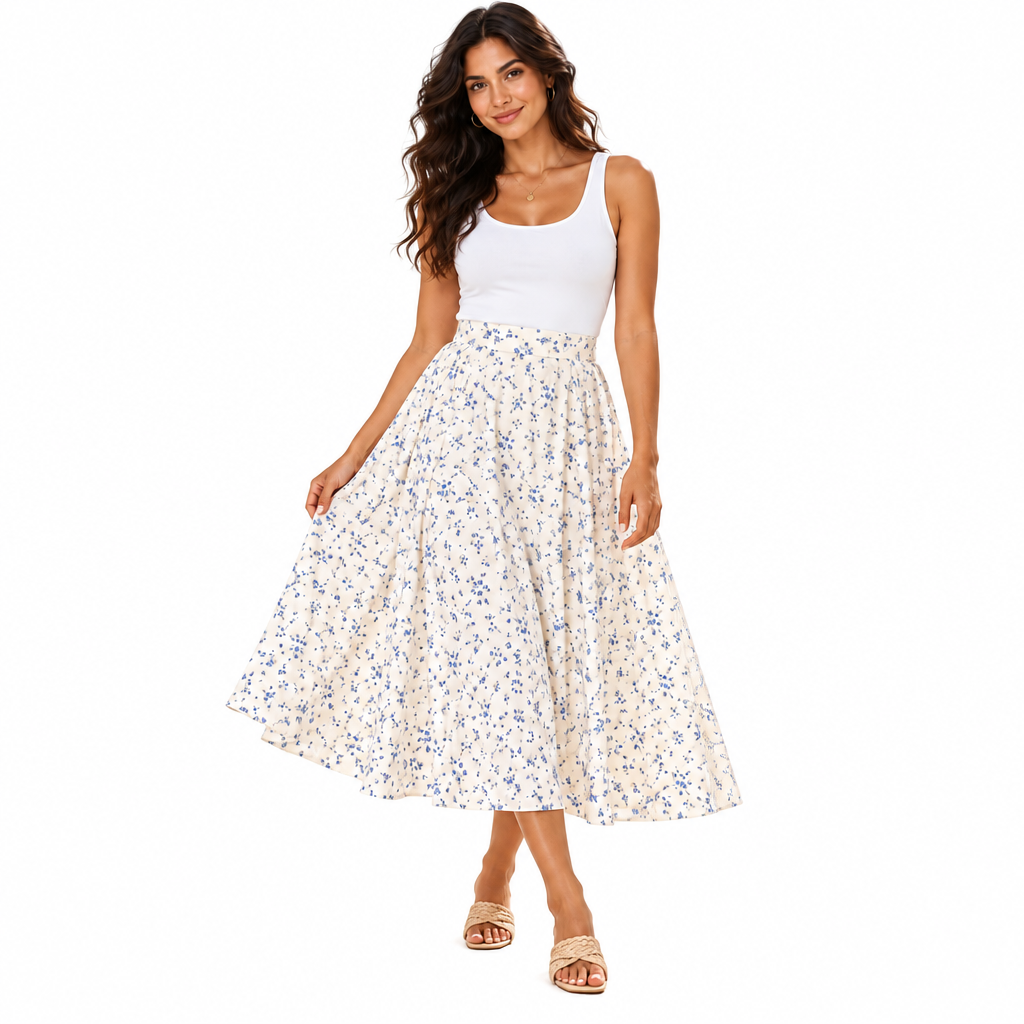 𝑨𝒓𝒗𝒆𝒍𝒎𝒐𝒏𝒕™ Blue Floral A-Line Midi Skirt