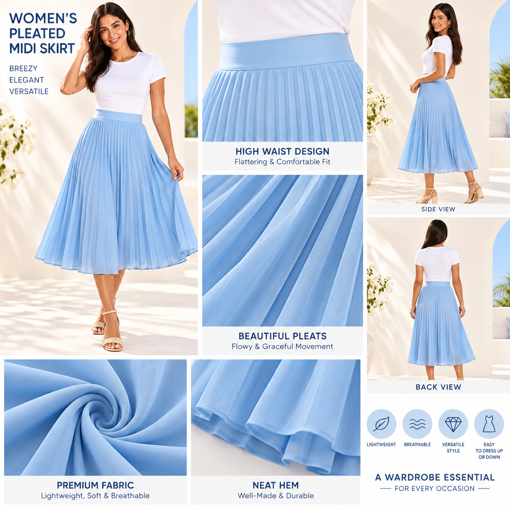 𝑨𝒓𝒗𝒆𝒍𝒎𝒐𝒏𝒕™ Sky Blue Pleated Midi Skirt