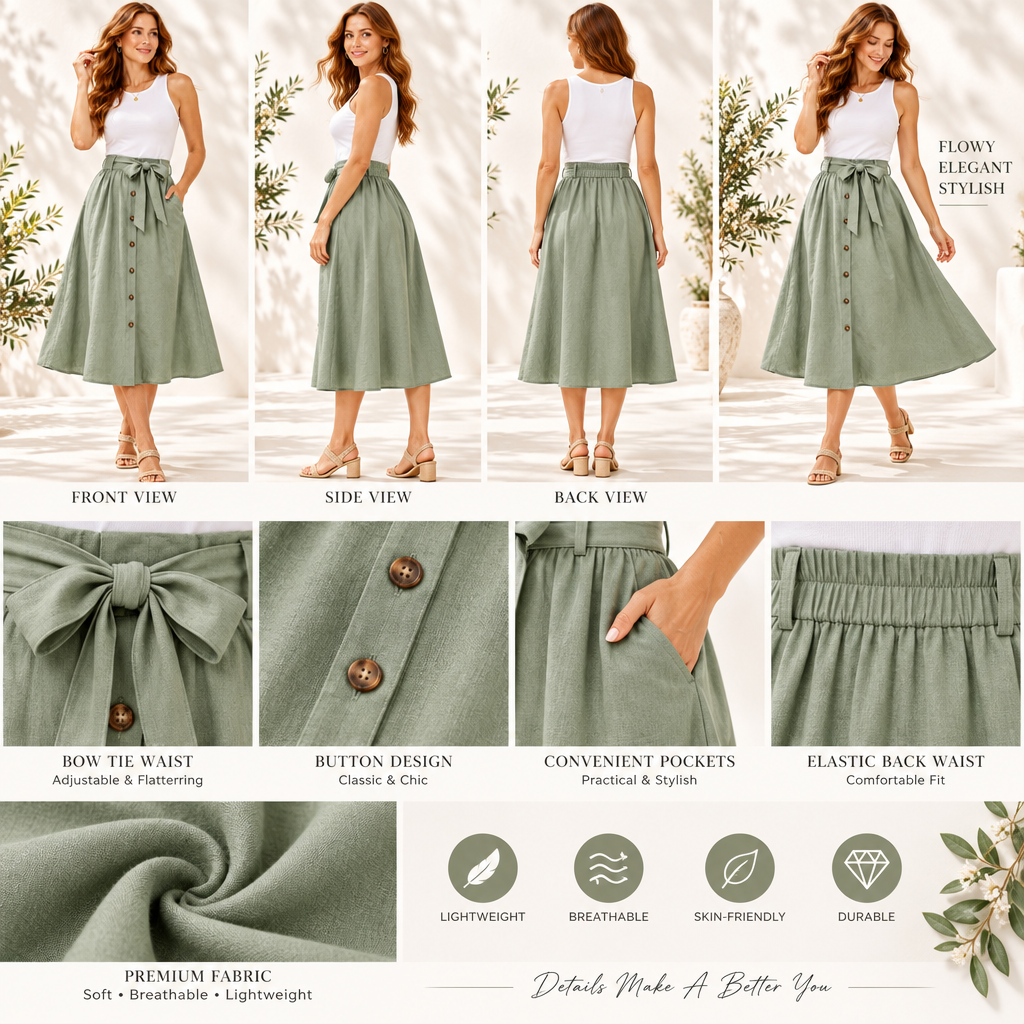 𝑨𝒓𝒗𝒆𝒍𝒎𝒐𝒏𝒕™ Sage Button-Front Belted Midi Skirt