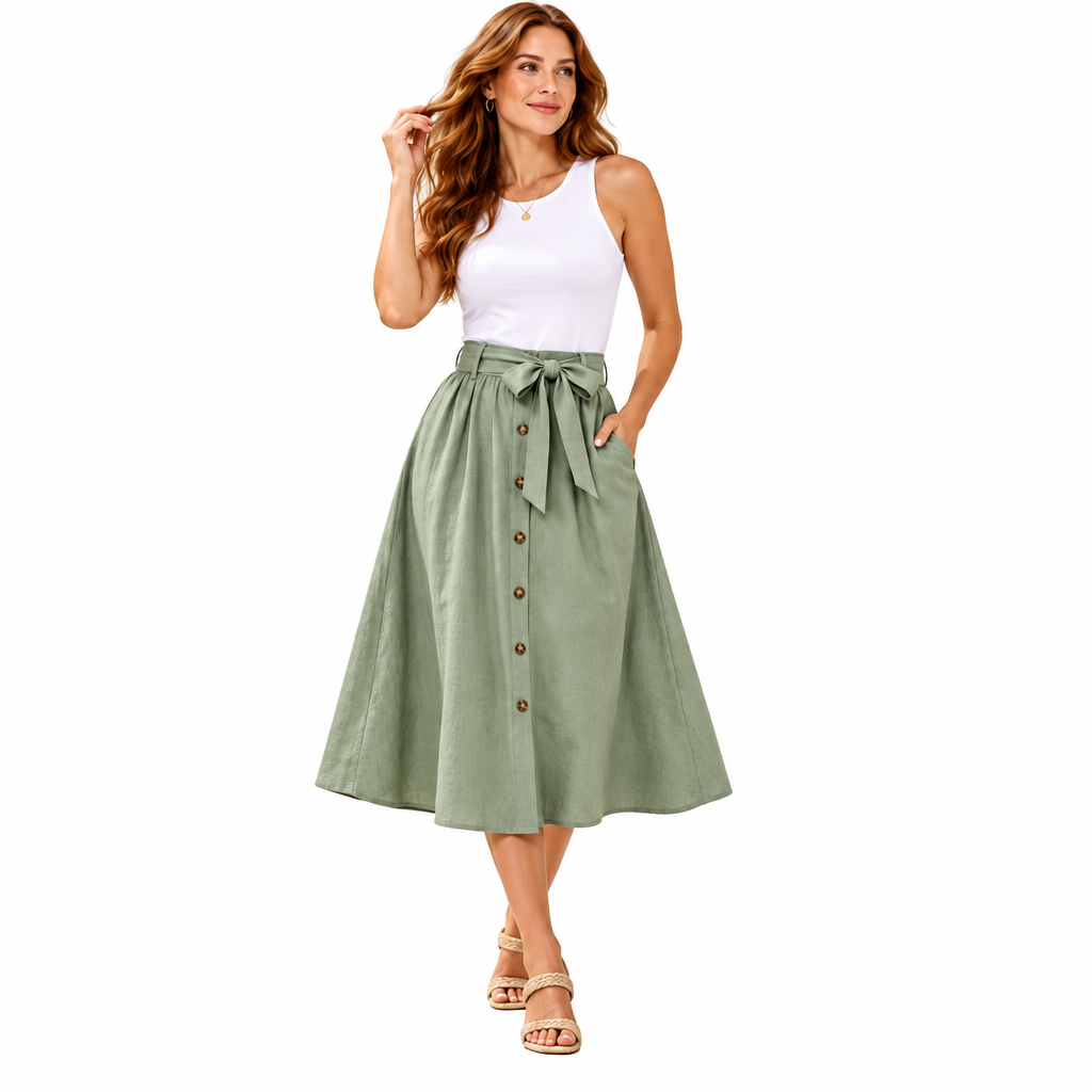 𝑨𝒓𝒗𝒆𝒍𝒎𝒐𝒏𝒕™ Sage Button-Front Belted Midi Skirt