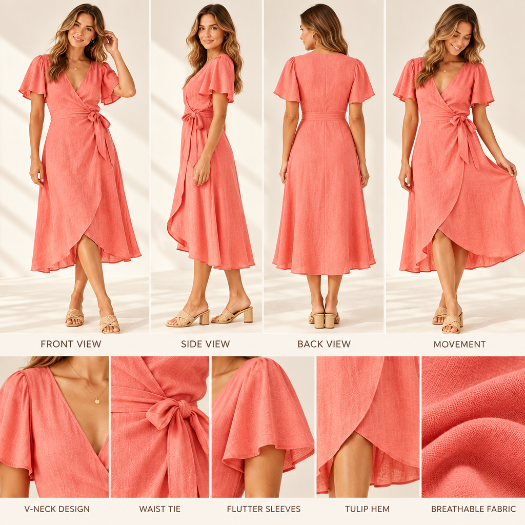 Arvelmont™ Coral Tie-Waist Wrap-Style Midi Dress
