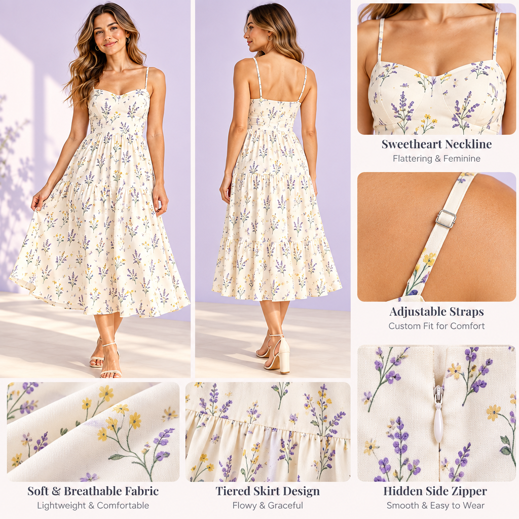 Arvelmont™ Ivory Floral Tiered Midi Dress
