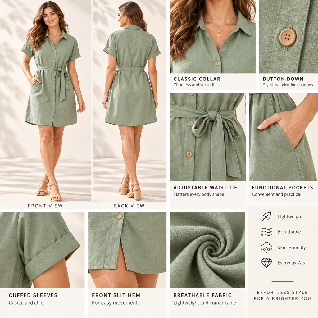 Arvelmont™ Sage Green Belted Shirt Dress