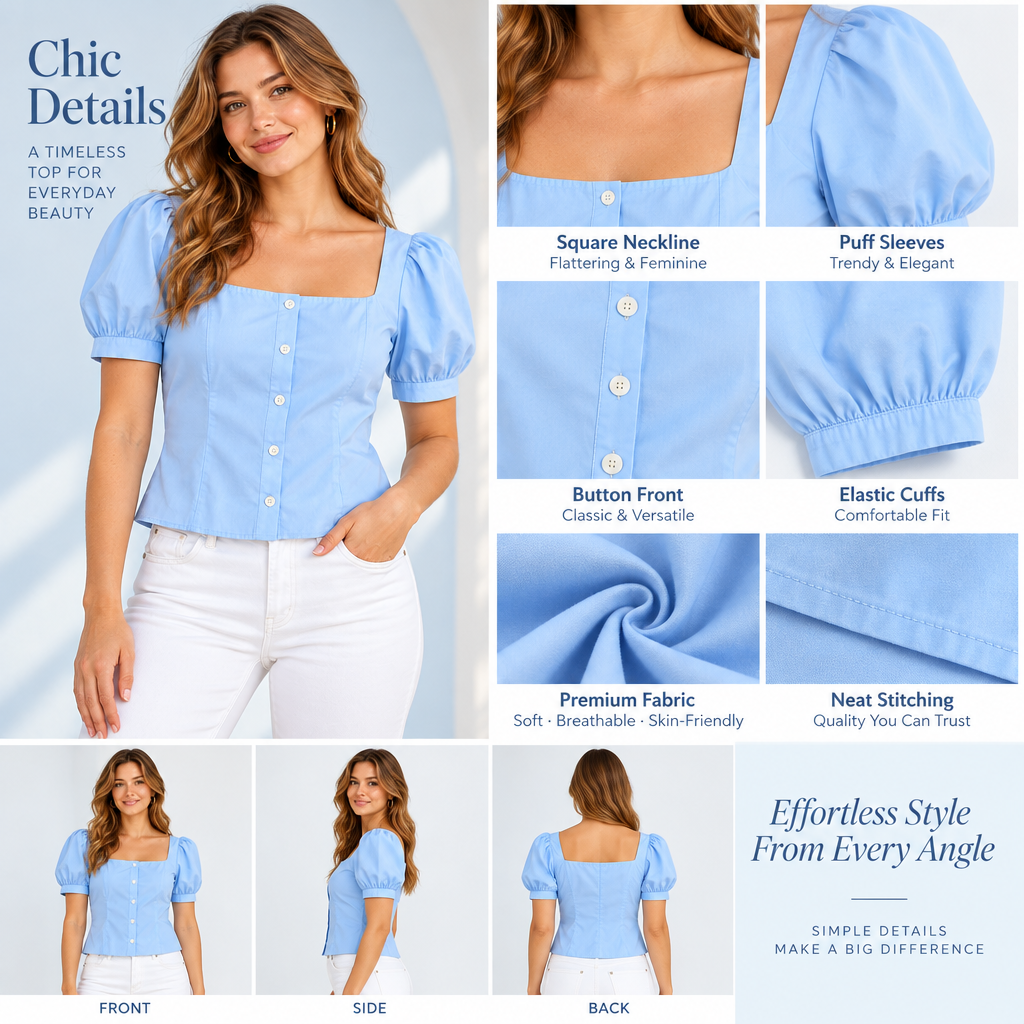 Arvelmont™ Sky Blue Square-Neck Puff-Sleeve Top