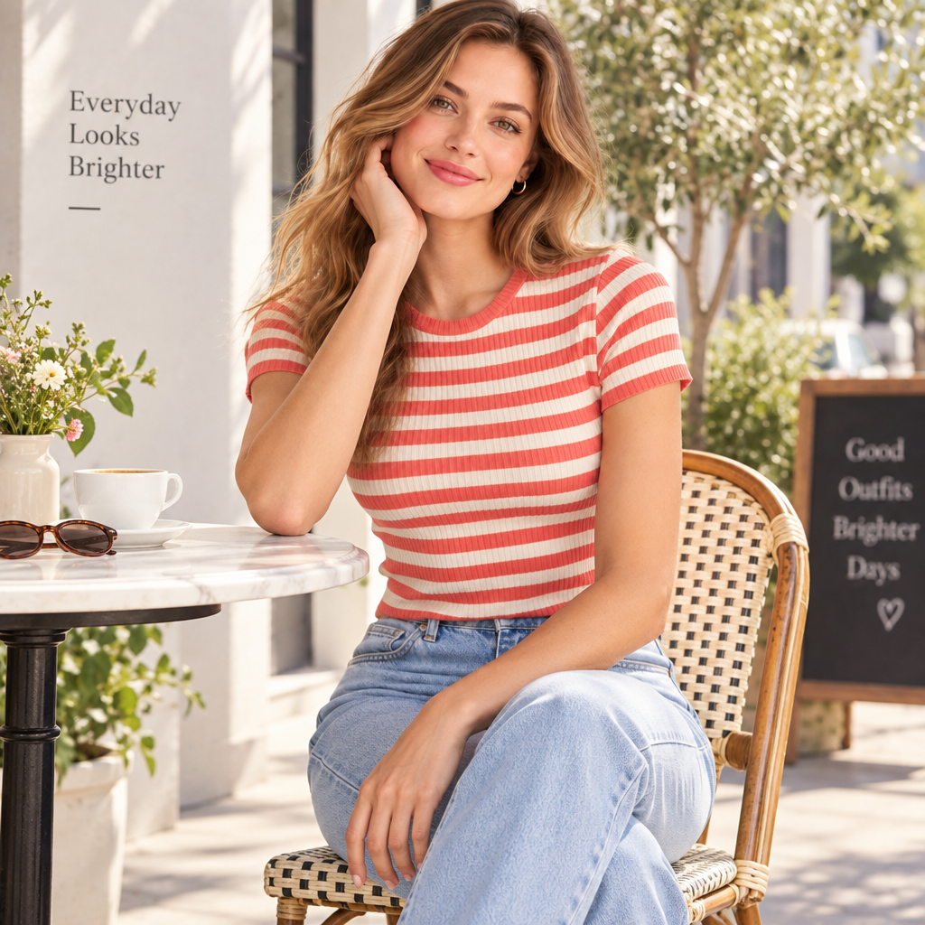 Arvelmont™ Coral Stripe Ribbed T-Shirt