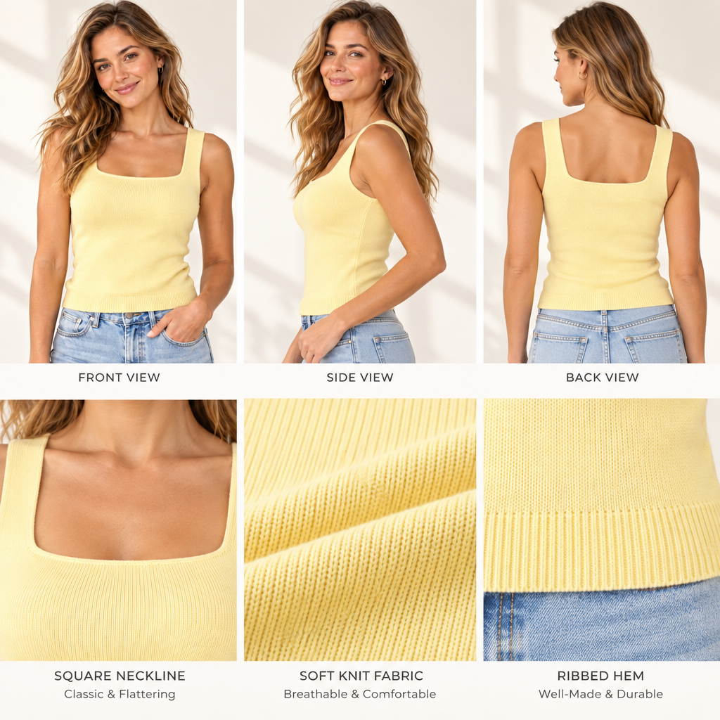 Arvelmont™ Butter Yellow Square-Neck Knit Tank