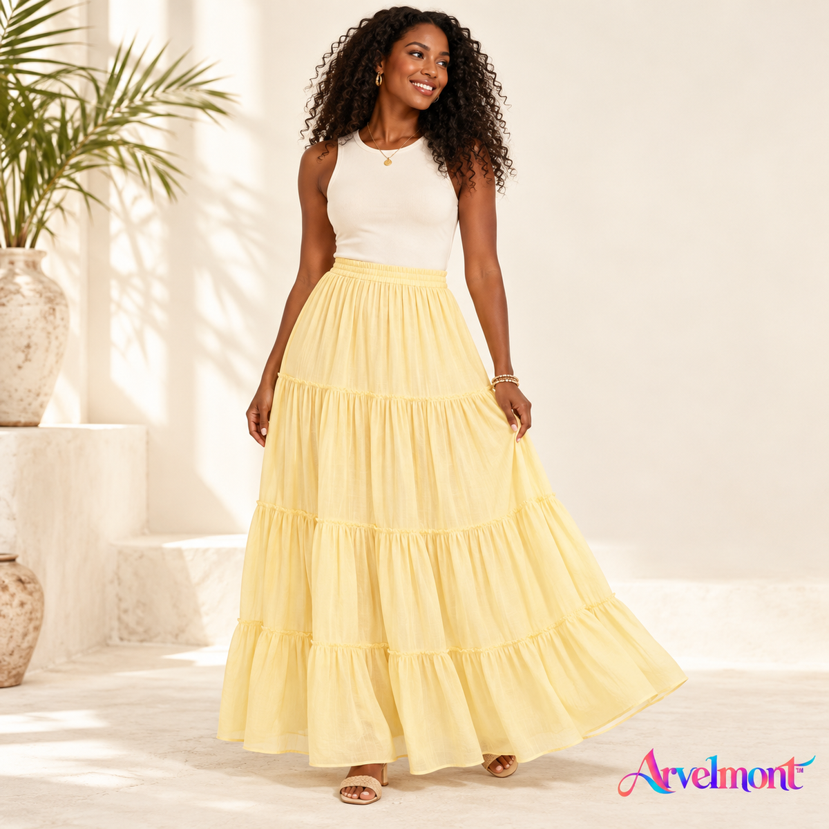𝑨𝒓𝒗𝒍𝒎𝒐𝒏𝒕™ Butter Yellow Tiered Maxi Skirt