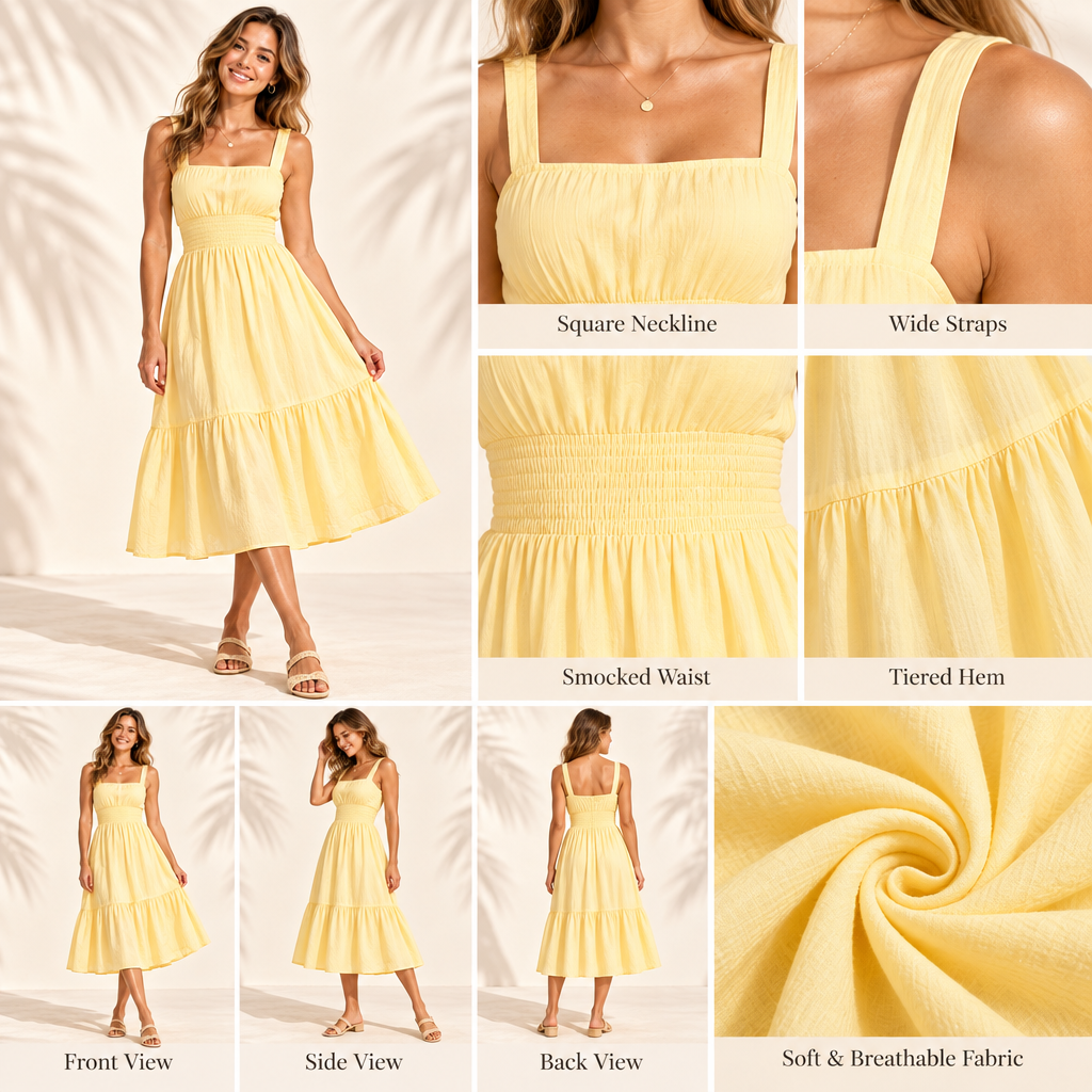 Arvelmont™ Butter Yellow Tiered Midi Dress